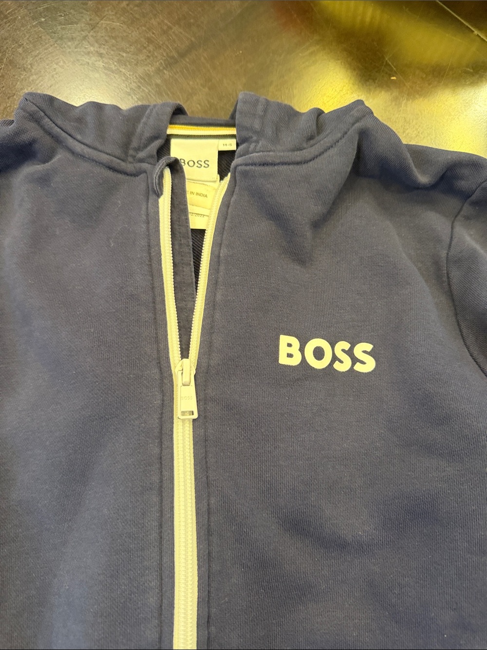 Boss navy blue hoodie with white logo and zipper